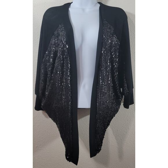 Day Trip Black Draped Front Sequin Batwing Cardigan Sweater Small Lightweight - Picture 1 of 5